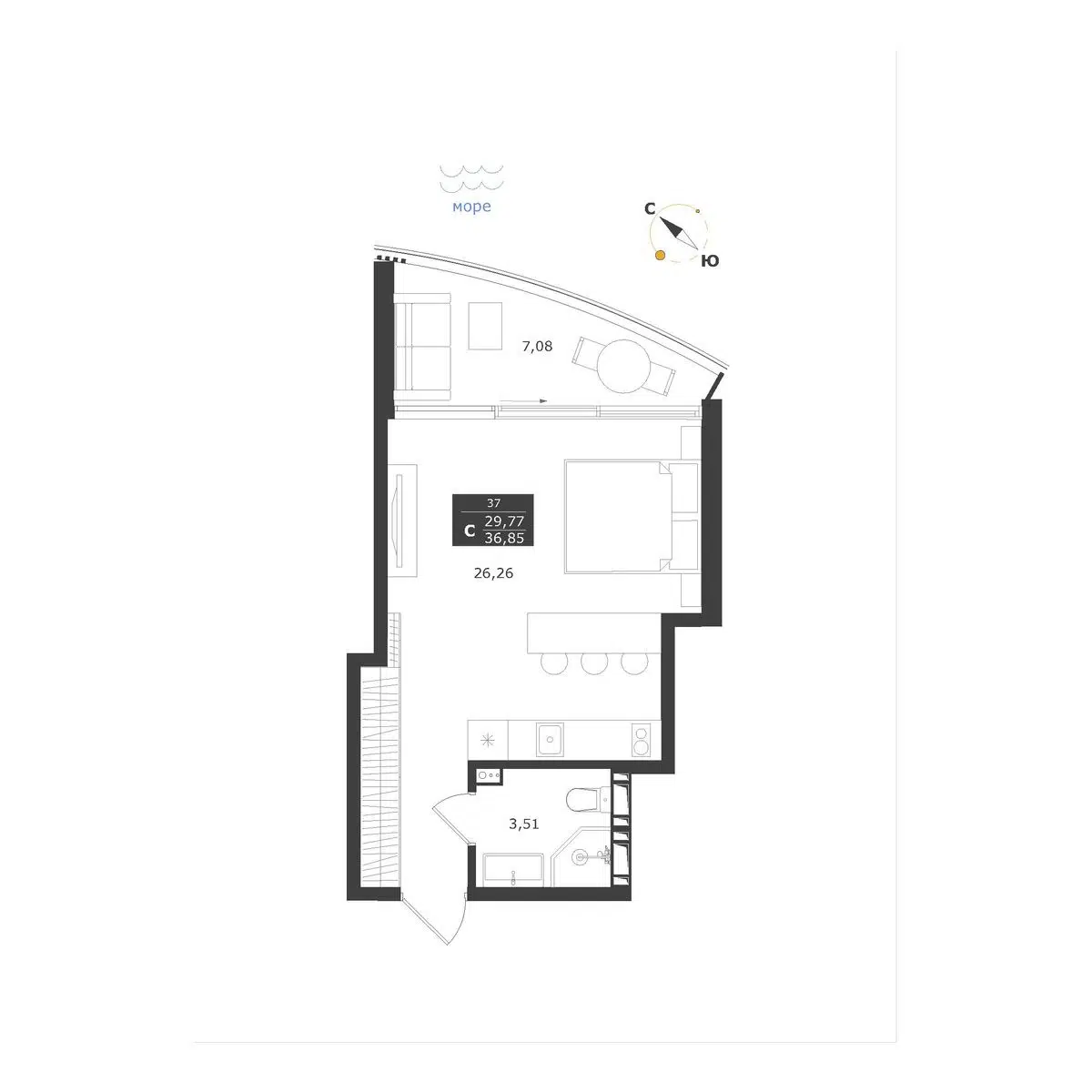Планировка: Студия 36.85 м² в новостройке Апарт-комплекс Паруса мечты