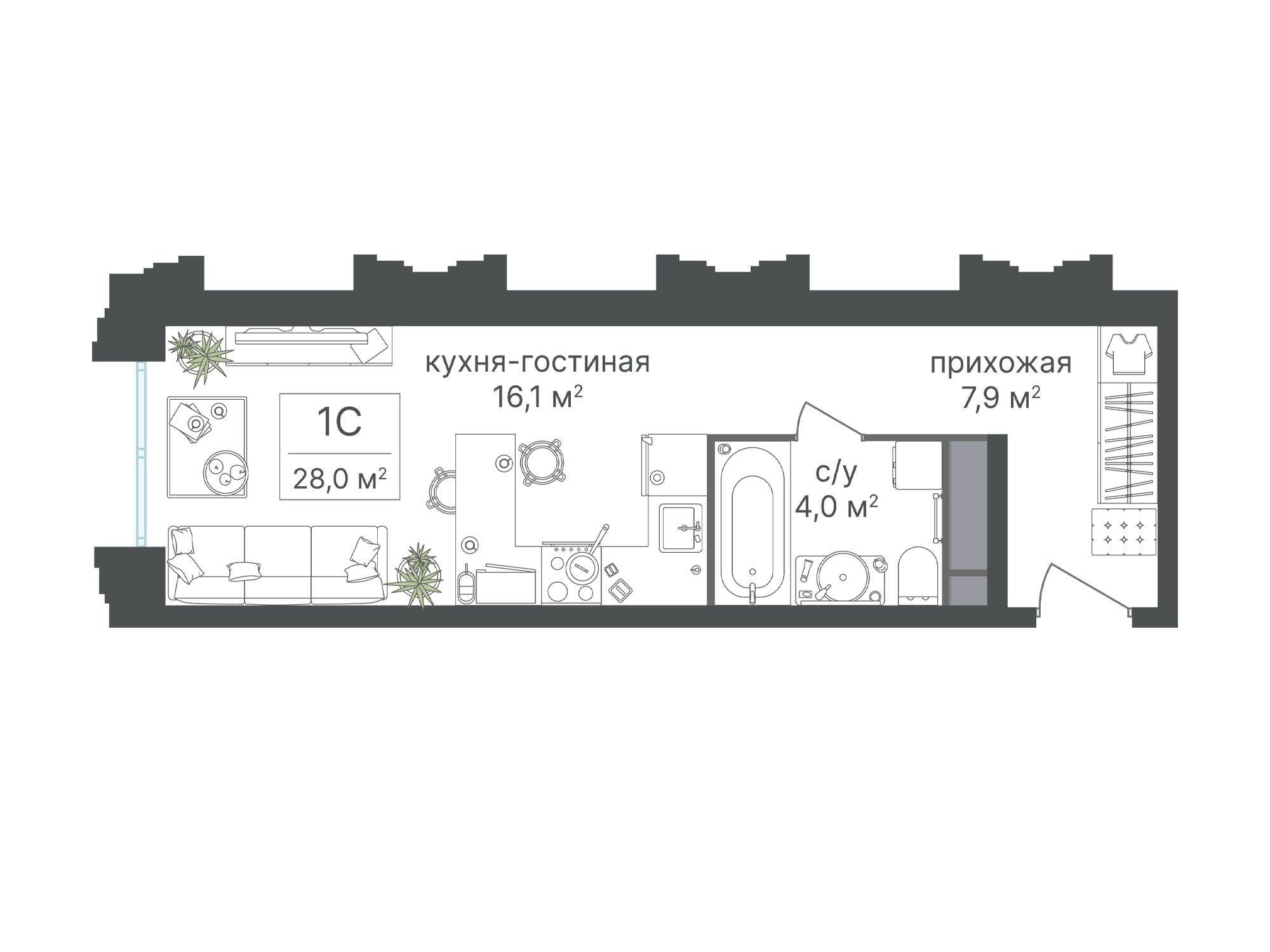 Планировка: Студия 27.70 м² в новостройке Варшавские ворота