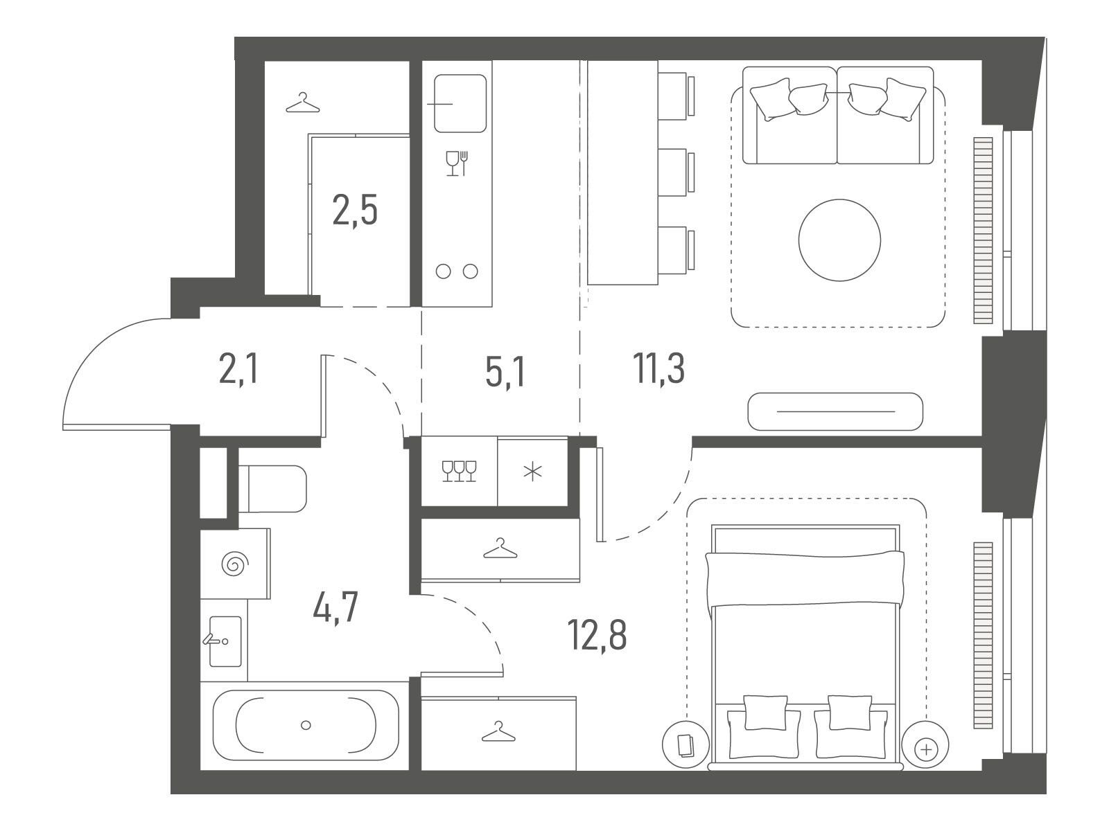 Планировка: 1-комн. квартира 38.50 м² в новостройке Среда на Лобачевского