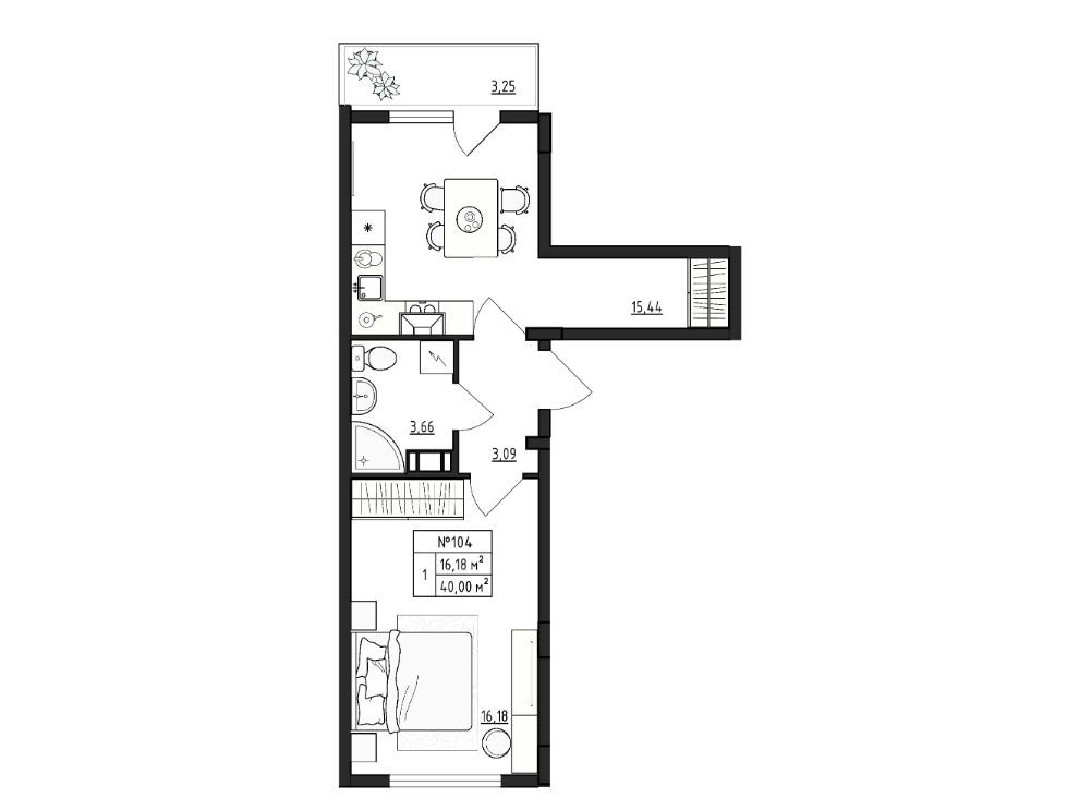 Планировка: 1-комн. квартира 40.00 м² в новостройке ЖК Верево-Сити
