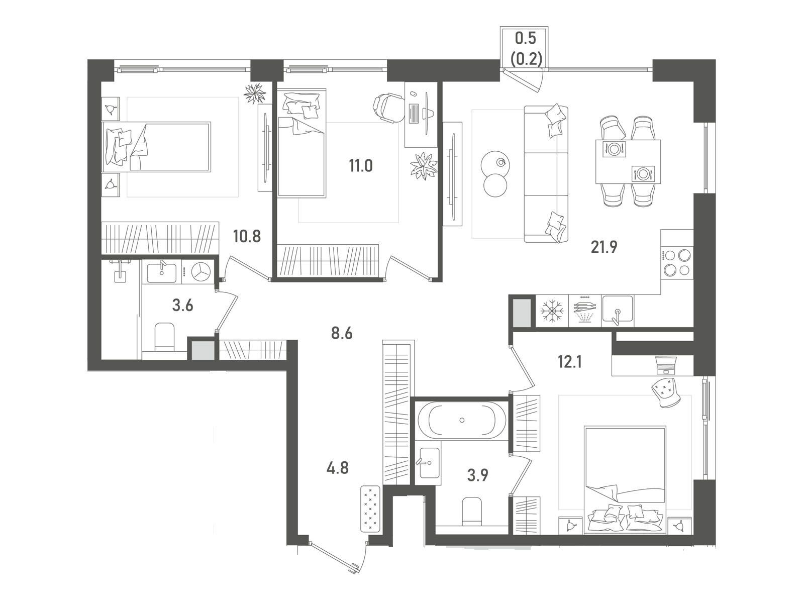 Планировка: 3-комн. квартира 76.90 м² в новостройке Пейв