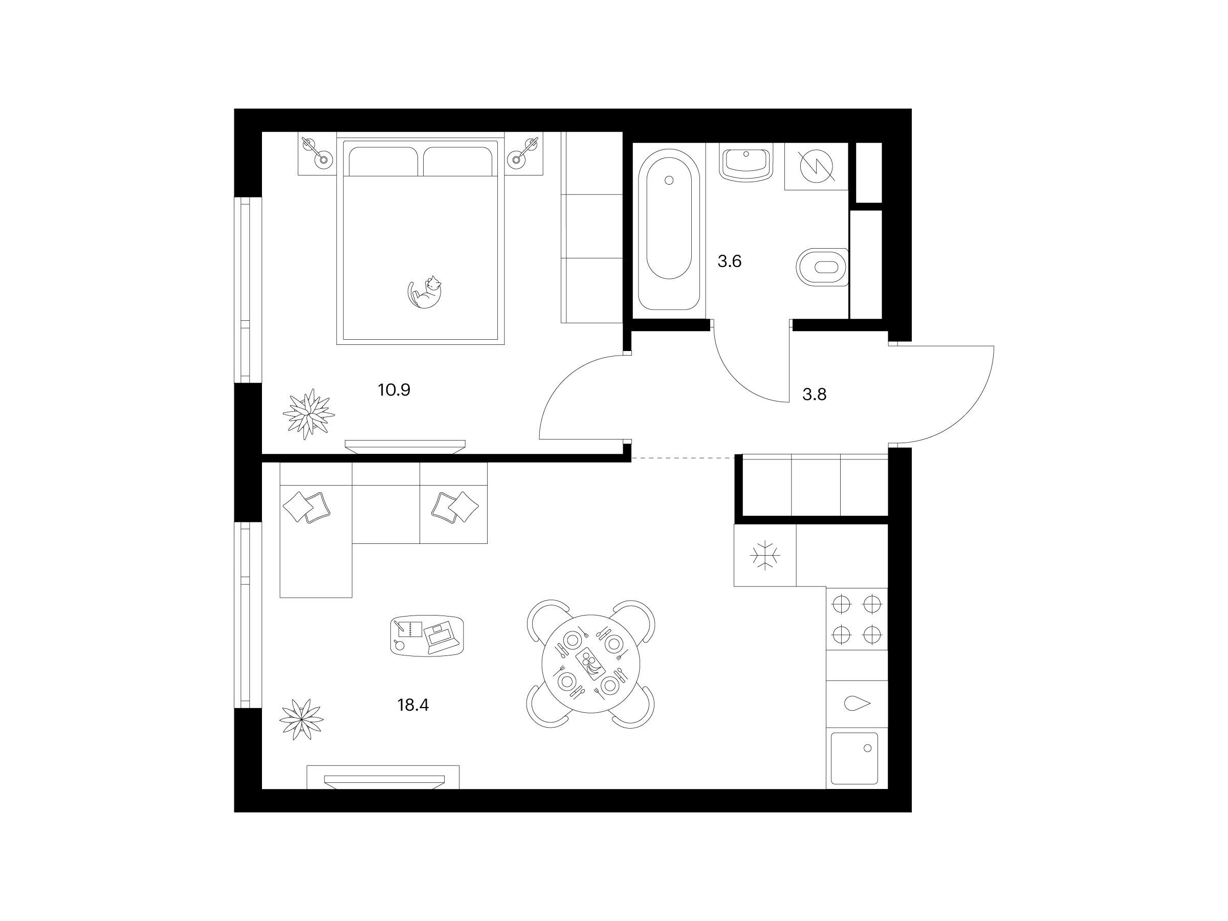 Планировка: 1-комн. квартира 36.70 м² в новостройке Руставели 14