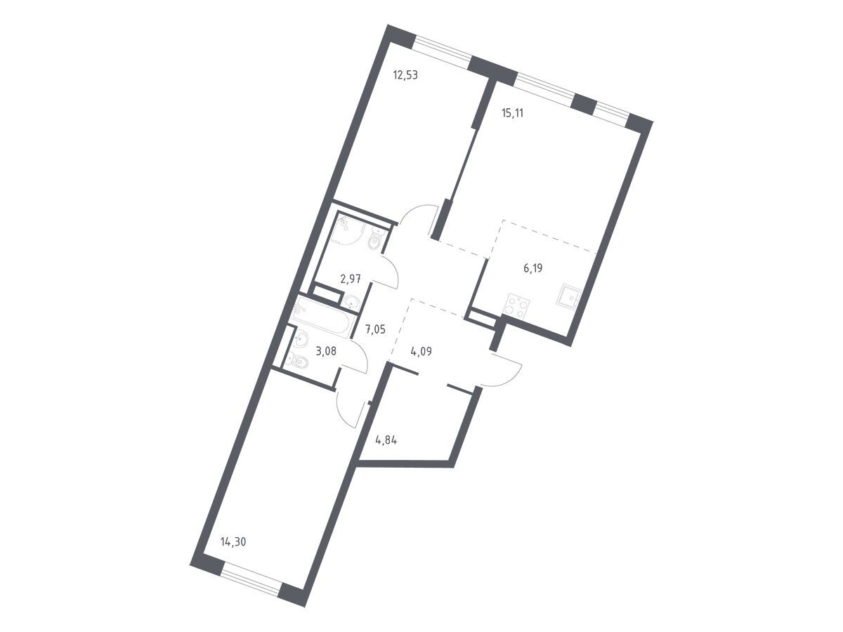 Планировка: 2-комн. квартира 70.16 м² в новостройке Лаголово