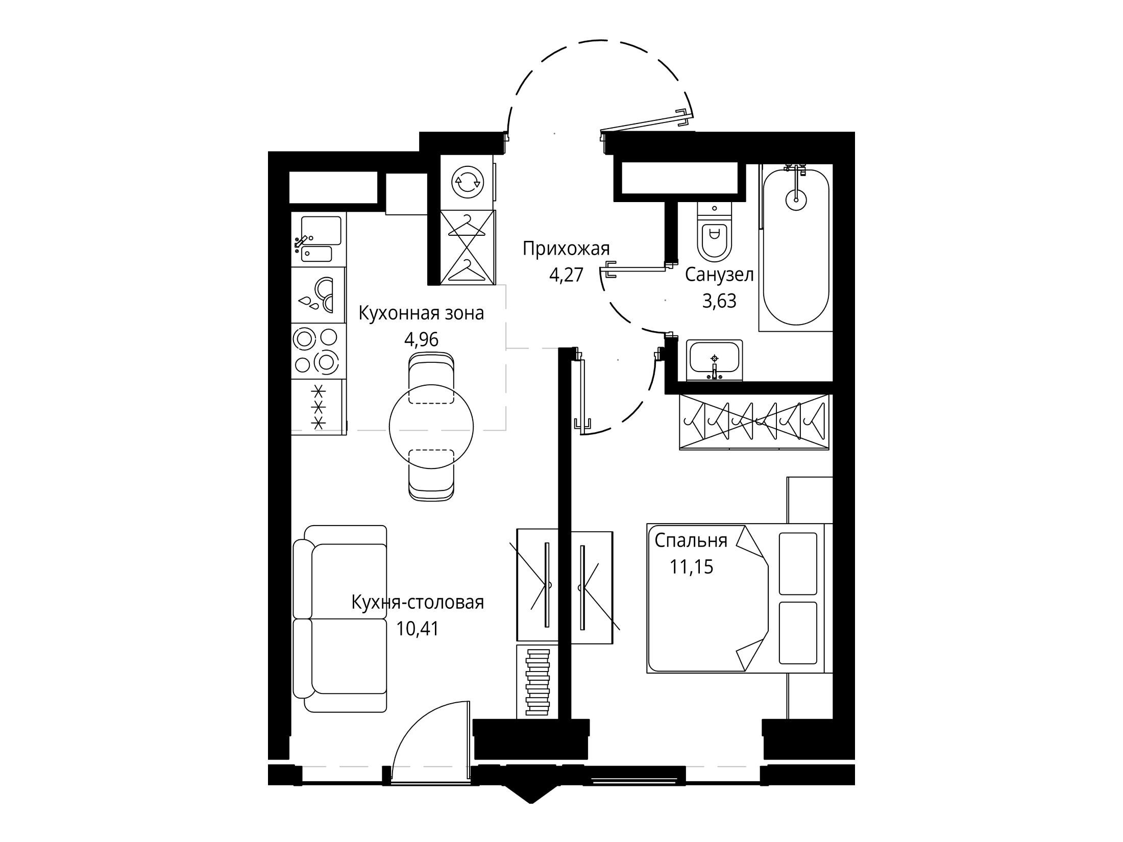 Планировка: 1-комн. квартира 34.45 м² в новостройке Джойс