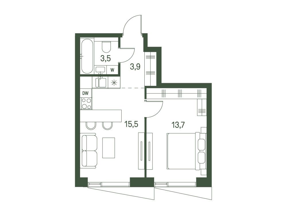 Планировка: 1-комн. квартира 36.60 м² в новостройке Моментс
