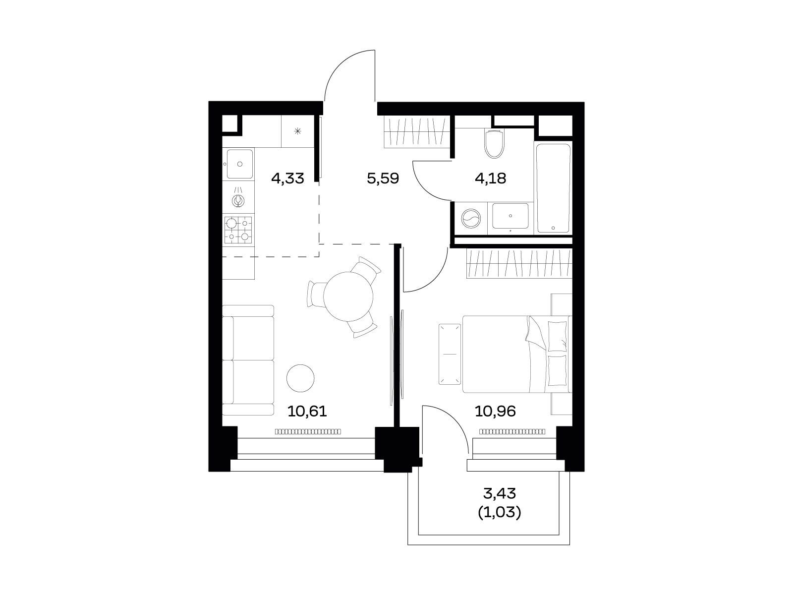 Планировка: 1-комн. квартира 36.70 м² в новостройке Нова