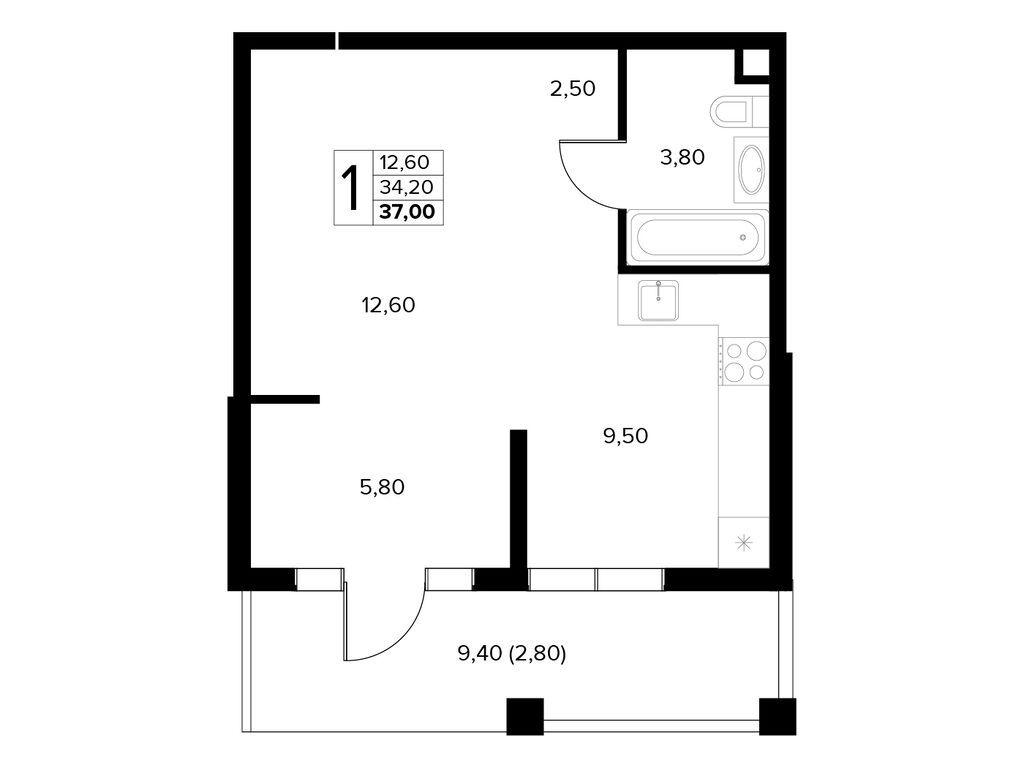 Планировка: 1-комн. квартира 37.00 м² в новостройке ЖК Кипарис