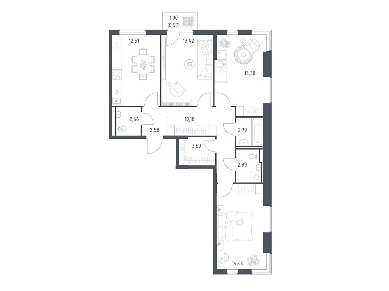 Планировка: 3-комн. квартира 79.05 м² в новостройке Горки Парк