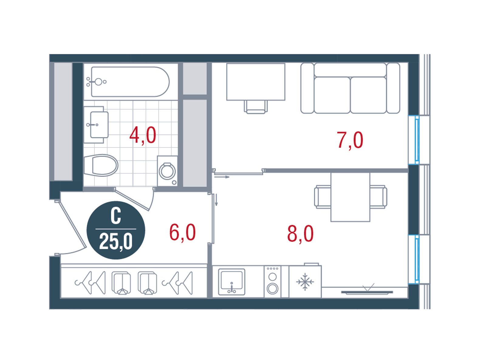 Планировка: Студия 25.00 м² в новостройке ЖК Русич Кантемировский
