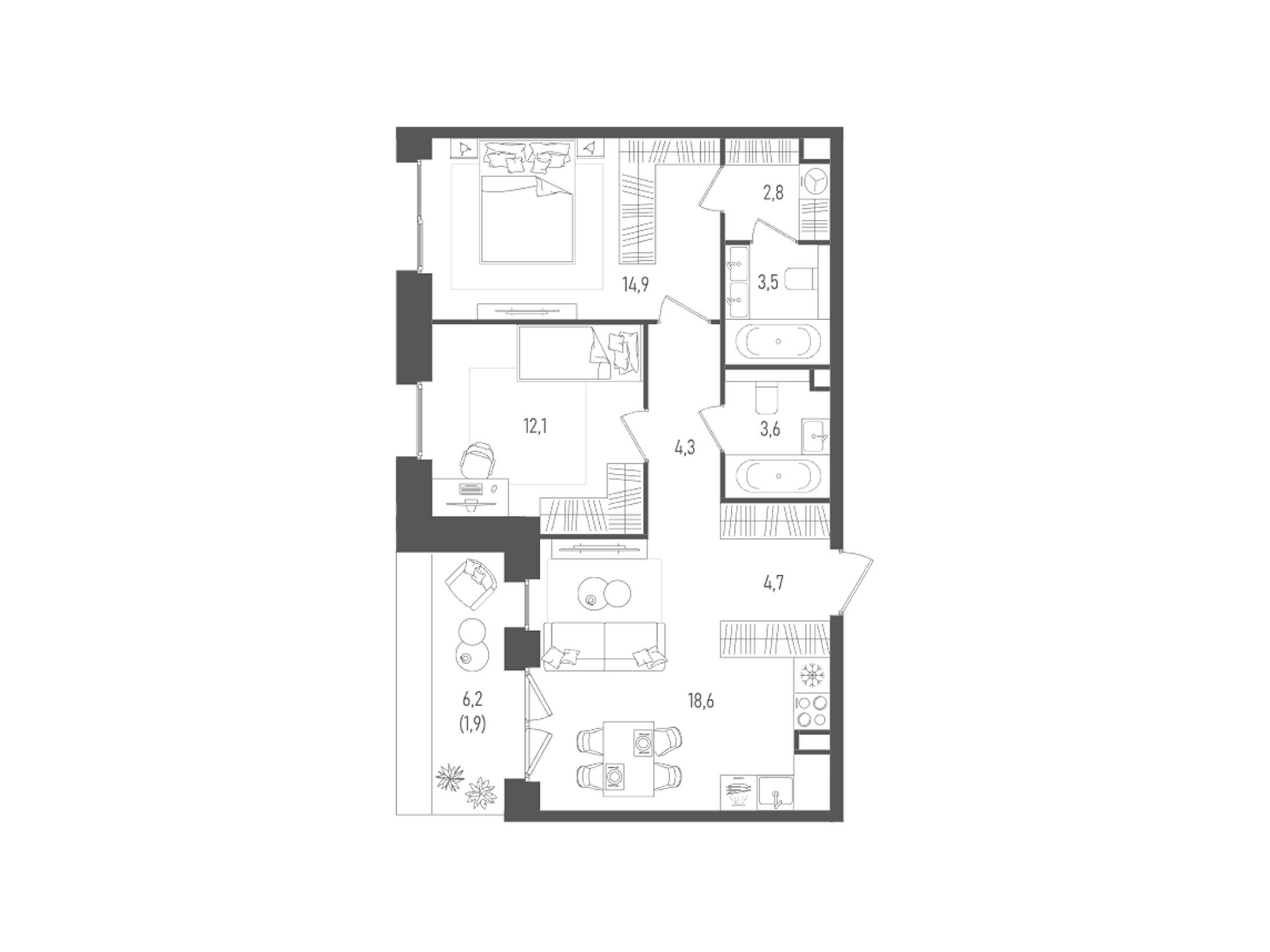 Планировка: 2-комн. квартира 66.40 м² в новостройке Пейв