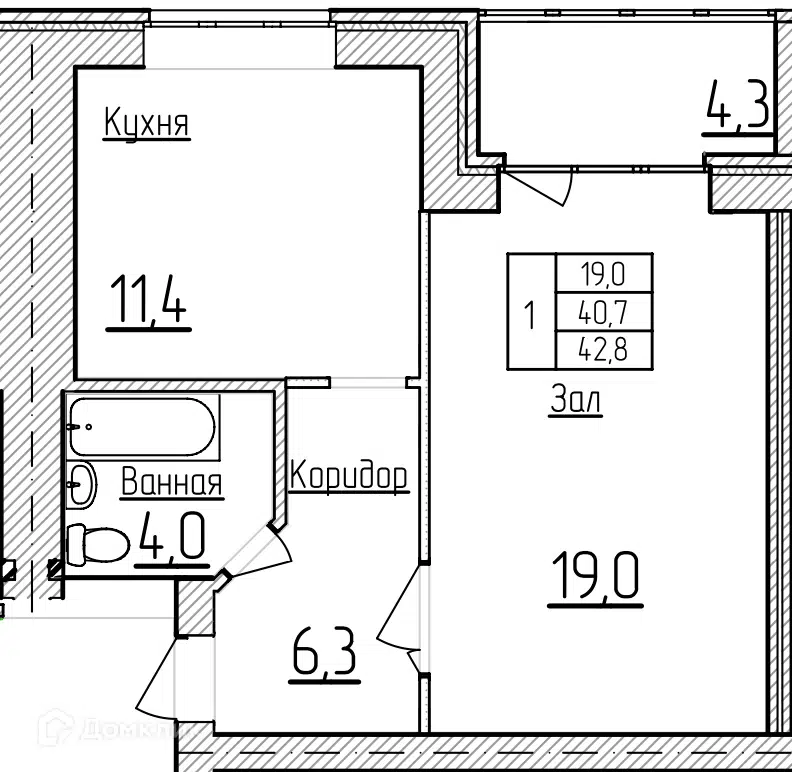 Планировка: 1-комн. квартира 42.80 м² в новостройке Фестивальный