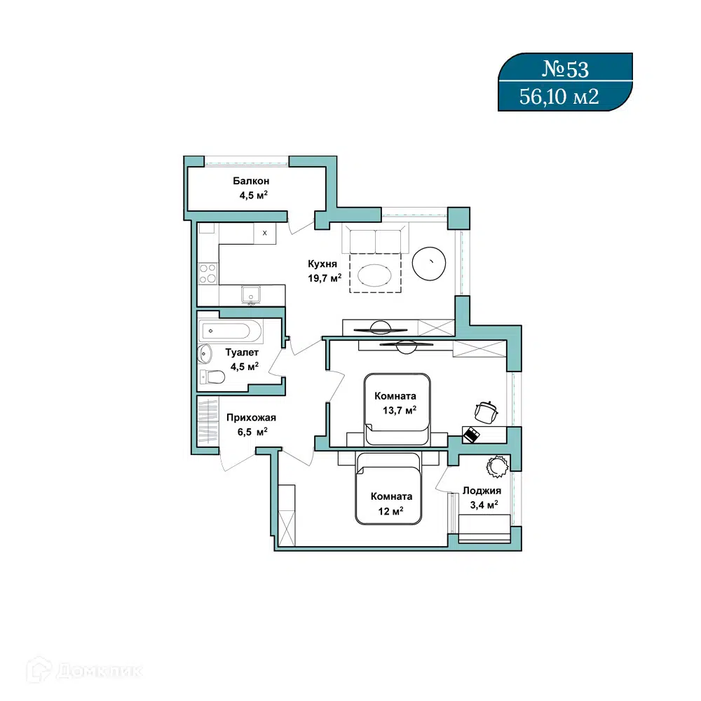 Планировка: 2-комн. квартира 56.10 м² в новостройке Клубный дом Азимут