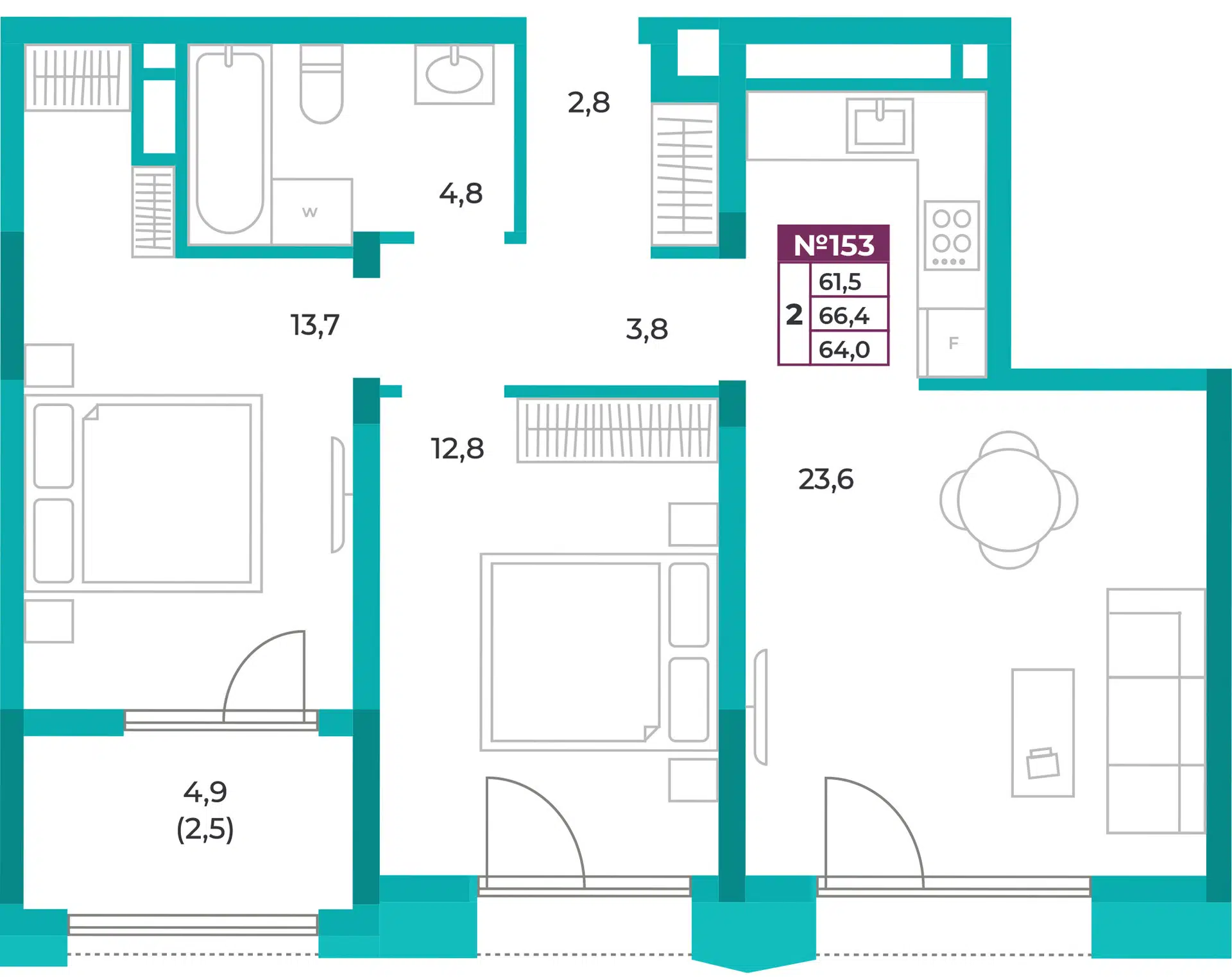 Планировка: 2-комн. квартира 64.00 м² в новостройке ЖК Омега