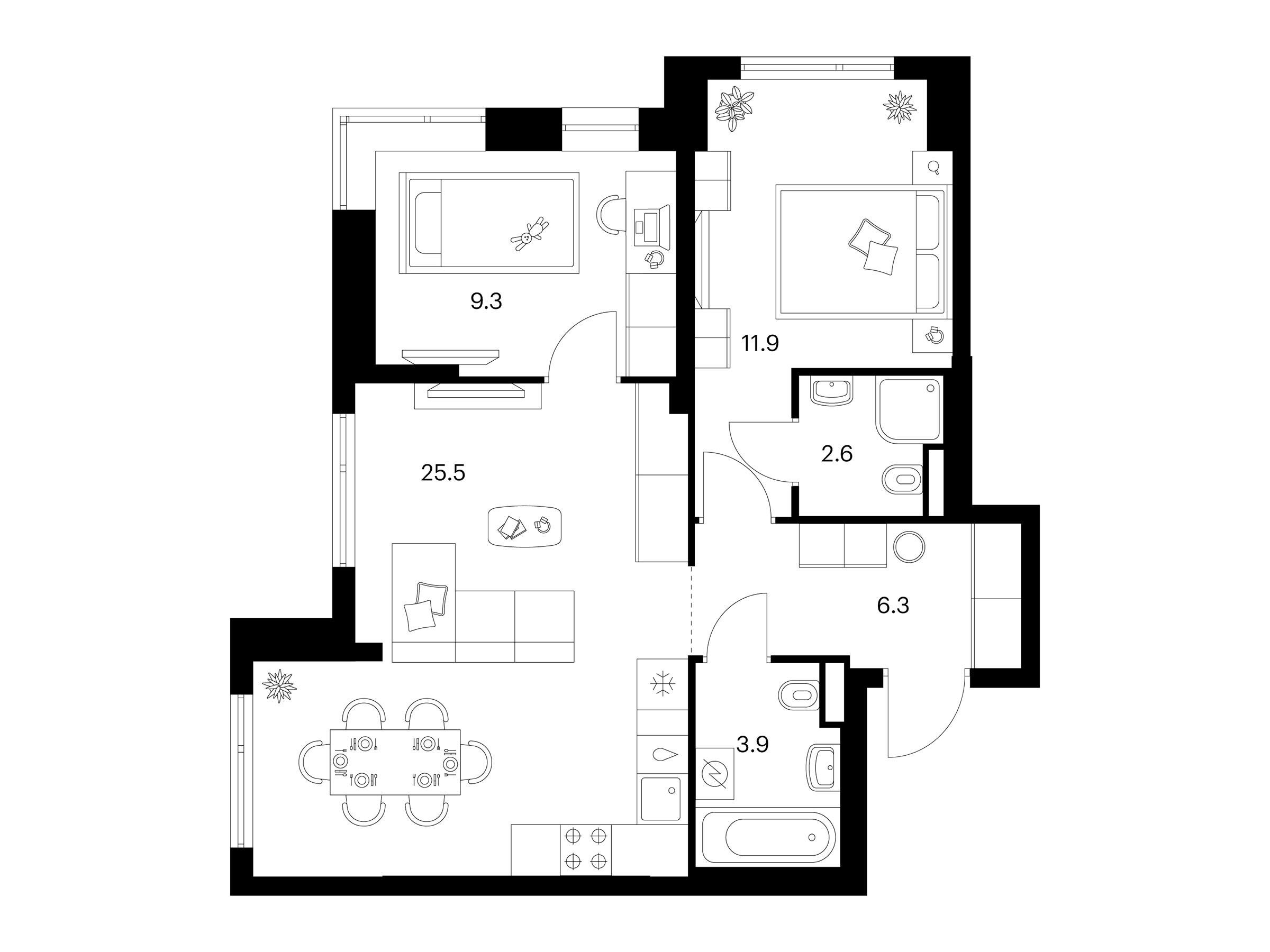 Планировка: 2-комн. квартира 59.50 м² в новостройке Середневский лес