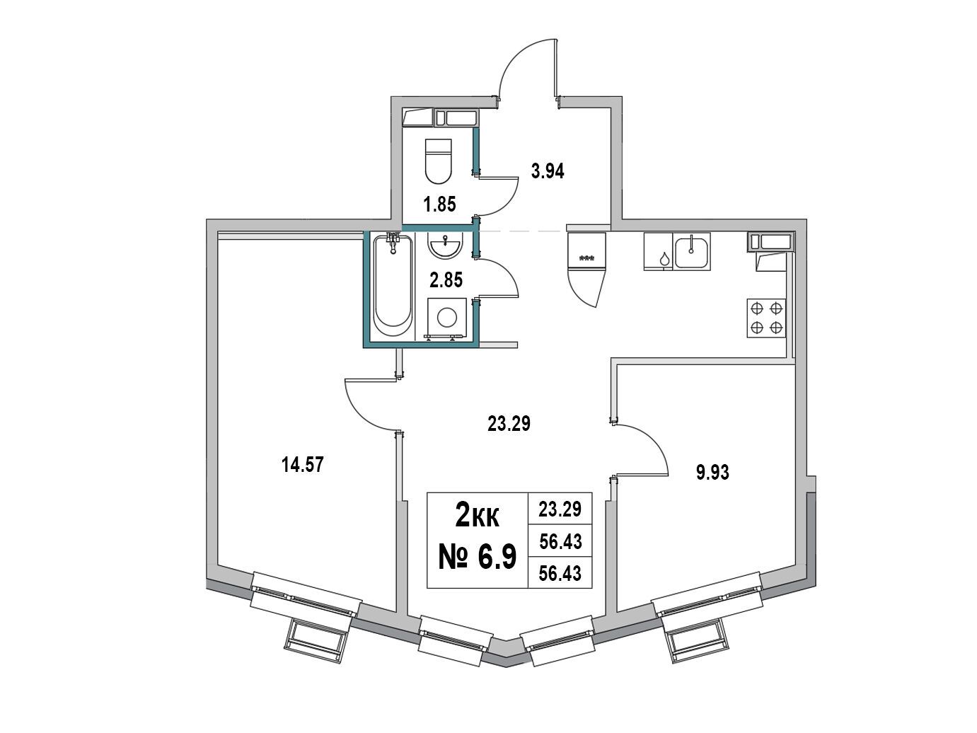 Планировка: 2-комн. квартира 56.43 м² в новостройке Новый город