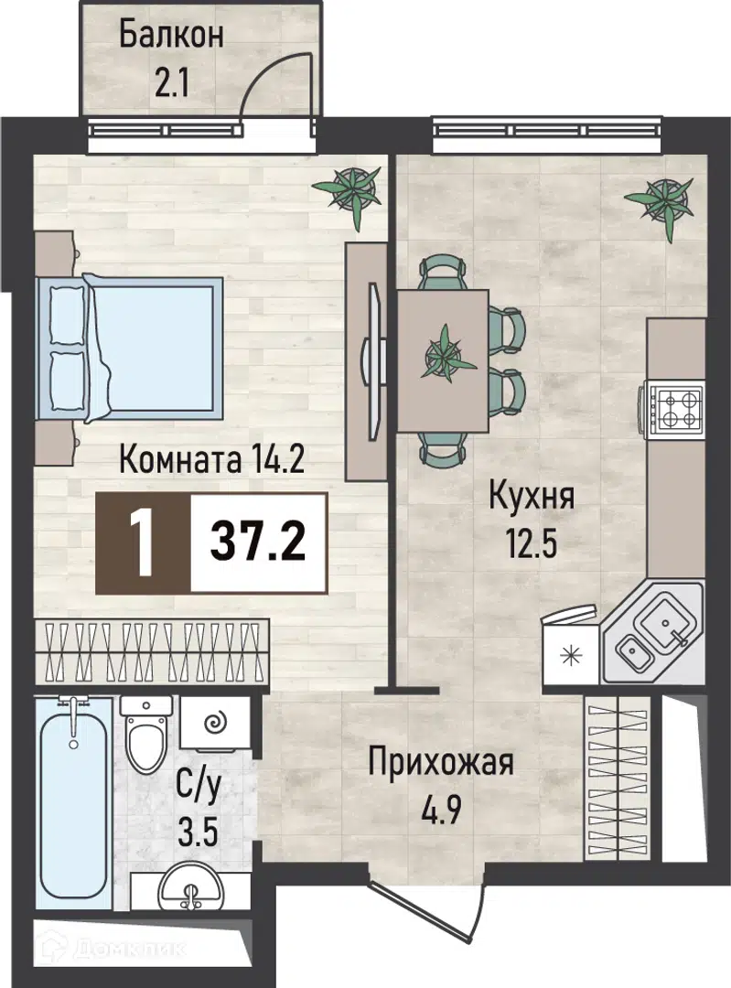 Планировка: 1-комн. квартира 37.20 м² в новостройке Живописный