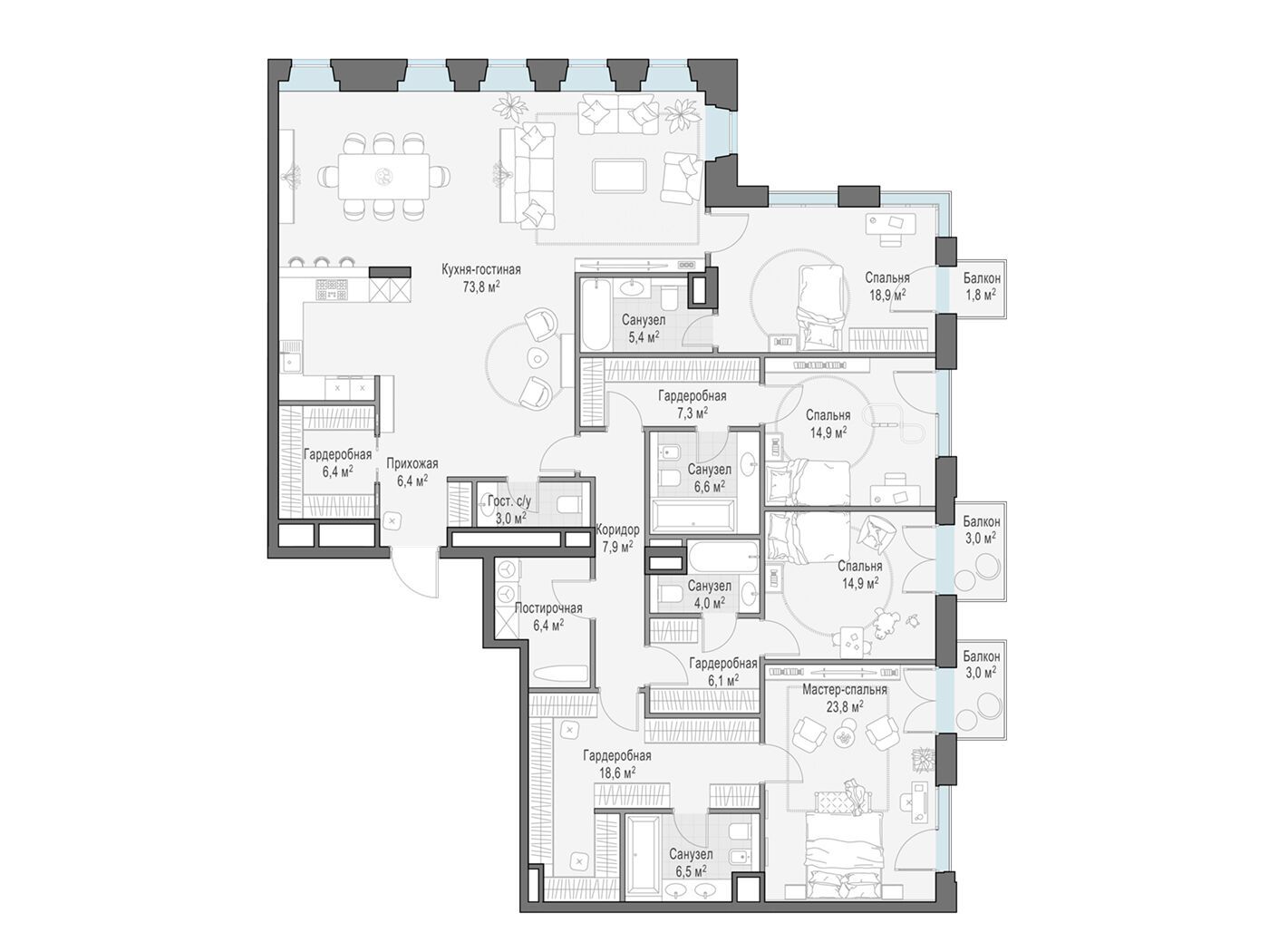 Планировка: 4-комн. квартира 233.00 м² в новостройке Обыденский №1