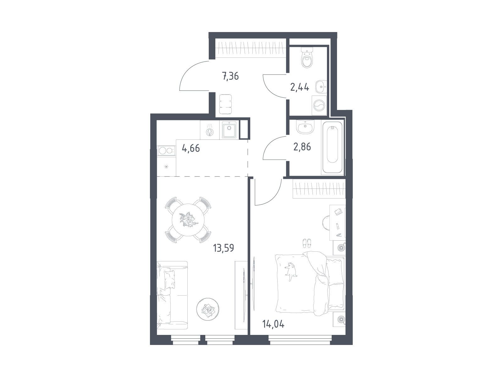 Планировка: 1-комн. квартира 44.95 м² в новостройке Остафьево