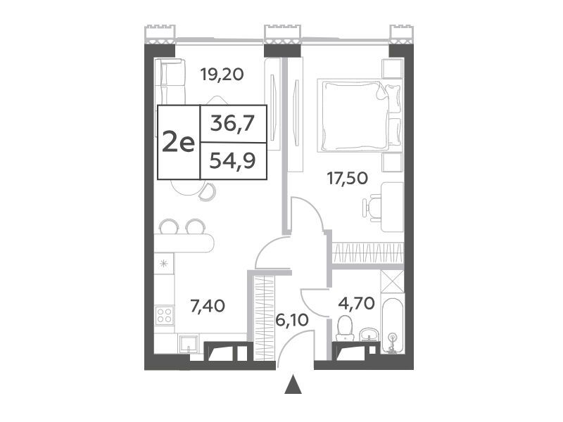 Планировка: 2-комн. квартира 54.90 м² в новостройке Вилл Тауэрс