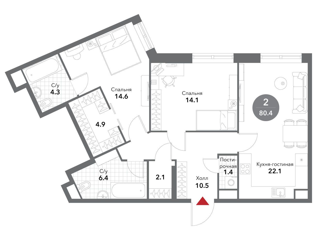 Планировка: 2-комн. квартира 80.50 м² в новостройке Воксхолл