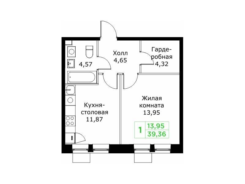 Планировка: 1-комн. квартира 39.36 м² в новостройке ЖК КИТ 2