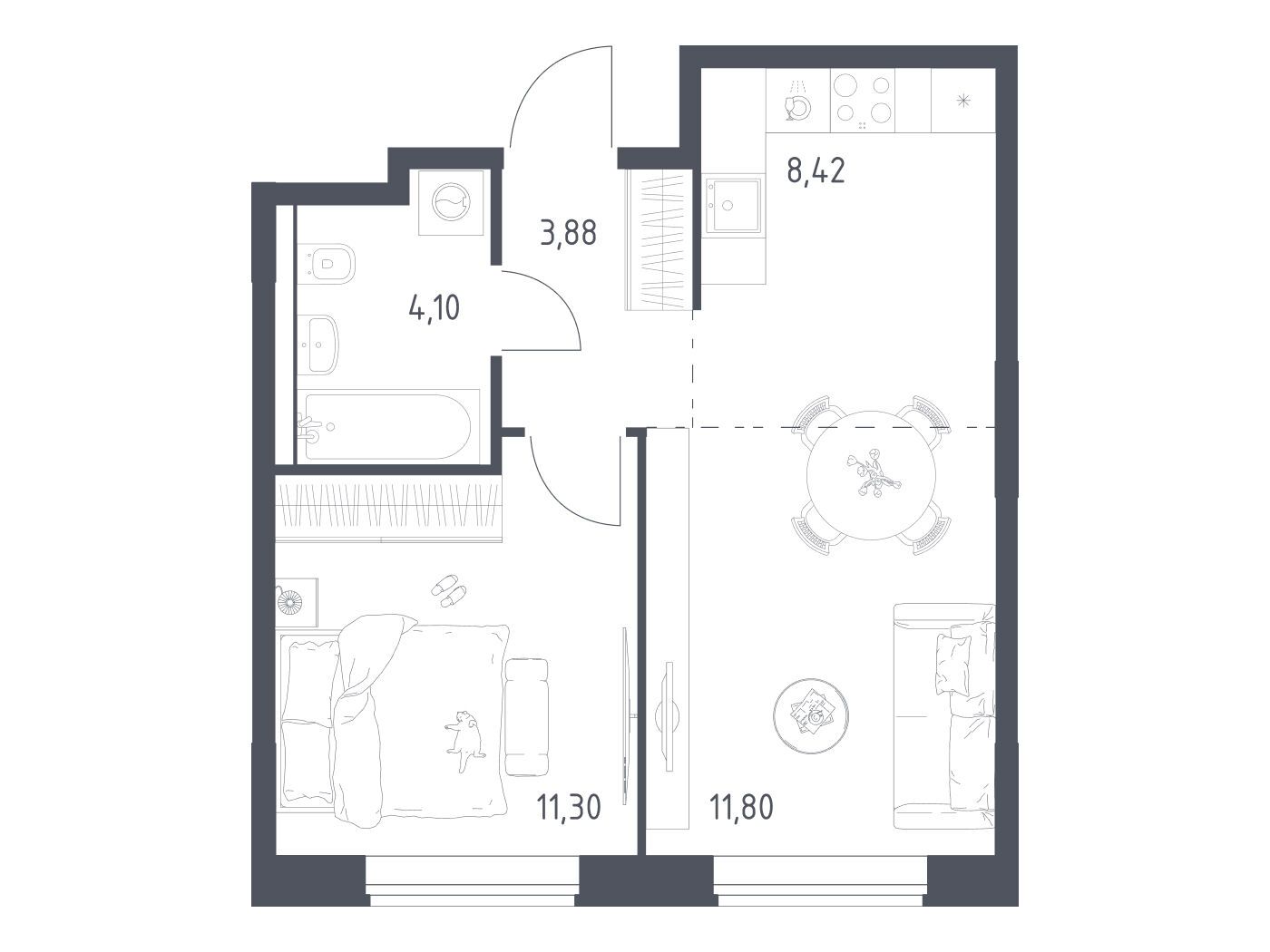 Планировка: 1-комн. квартира 39.50 м² в новостройке Квартал Домашний