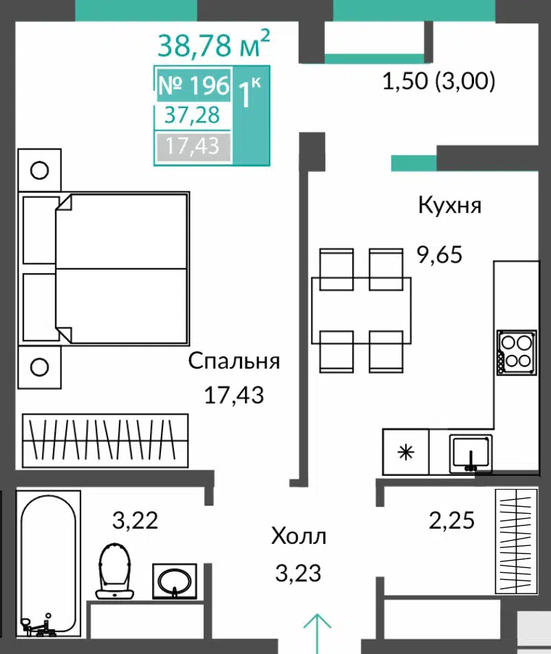 Планировка: 1-комн. квартира 37.28 м² в новостройке ЖК Единство