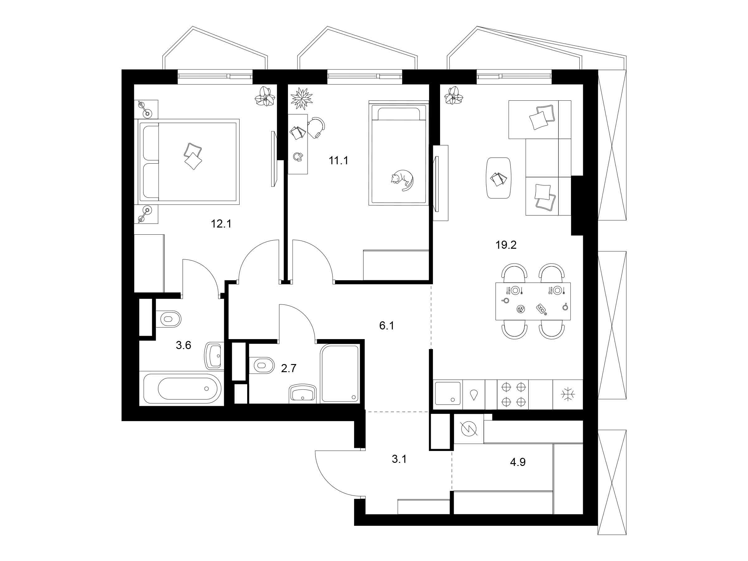 Планировка: 2-комн. квартира 62.80 м² в новостройке Мичуринский парк