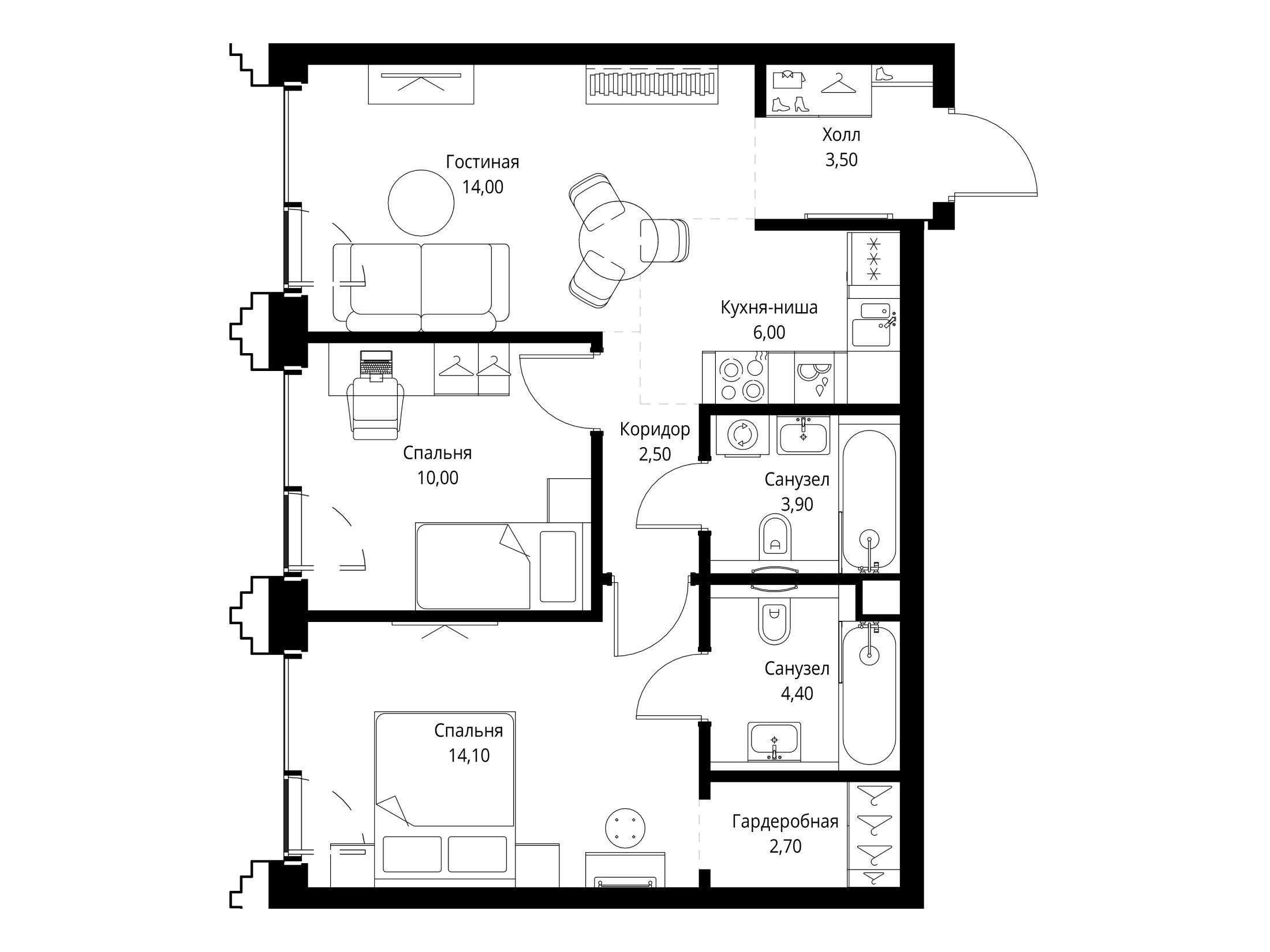Планировка: 2-комн. квартира 61.50 м² в новостройке Сет