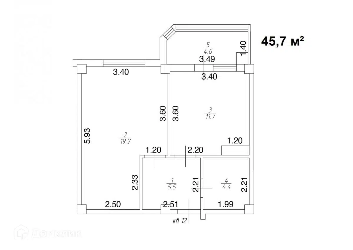 Планировка: 1-комн. квартира 45.70 м² в новостройке Квартал Лета