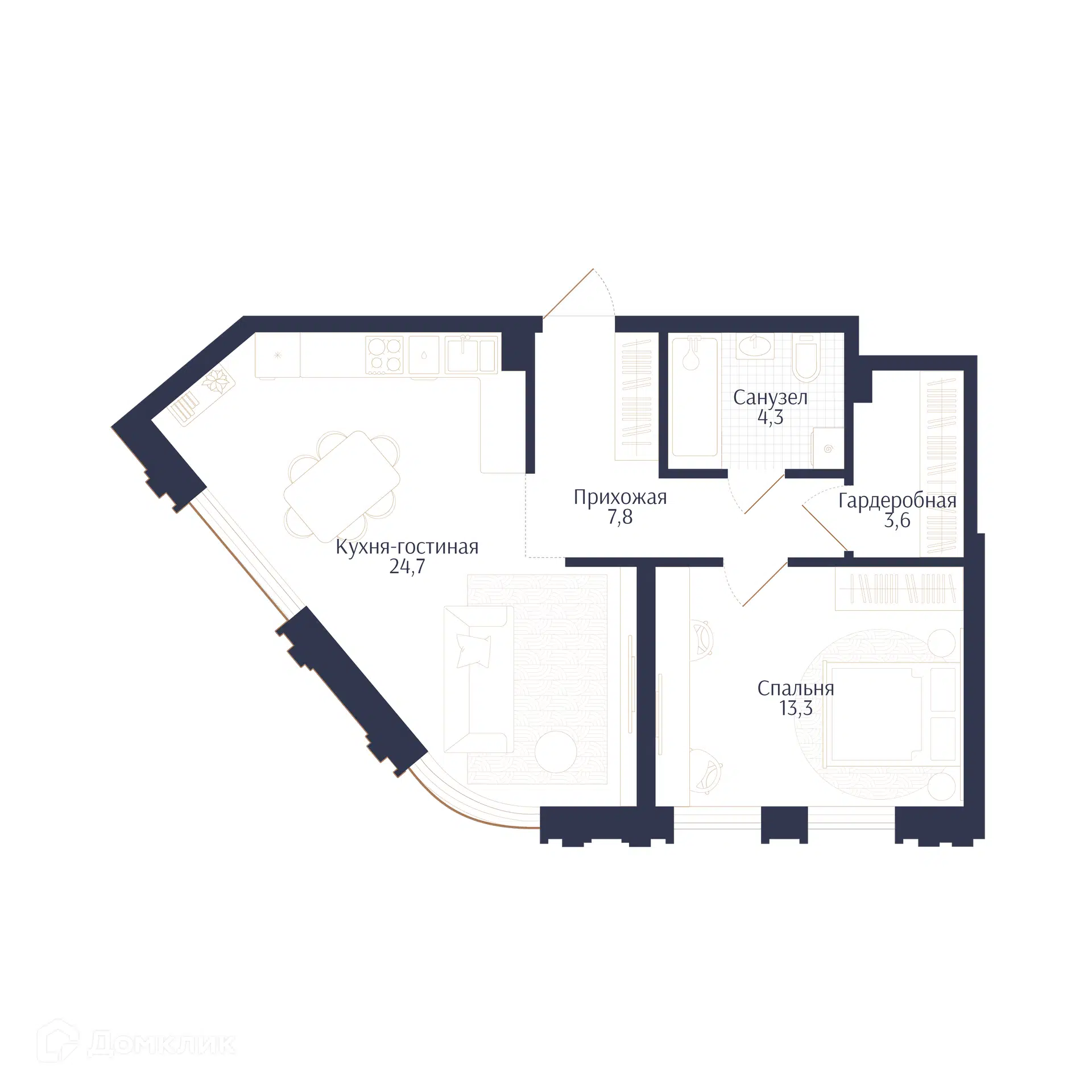 Планировка: 1-комн. квартира 53.70 м² в новостройке Брют Резиденс