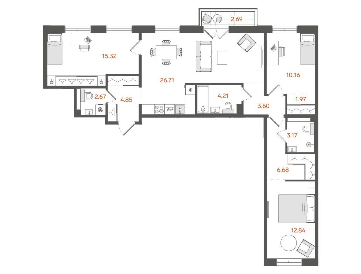 Планировка: 3-комн. квартира 93.00 м² в новостройке Ставни Обводный