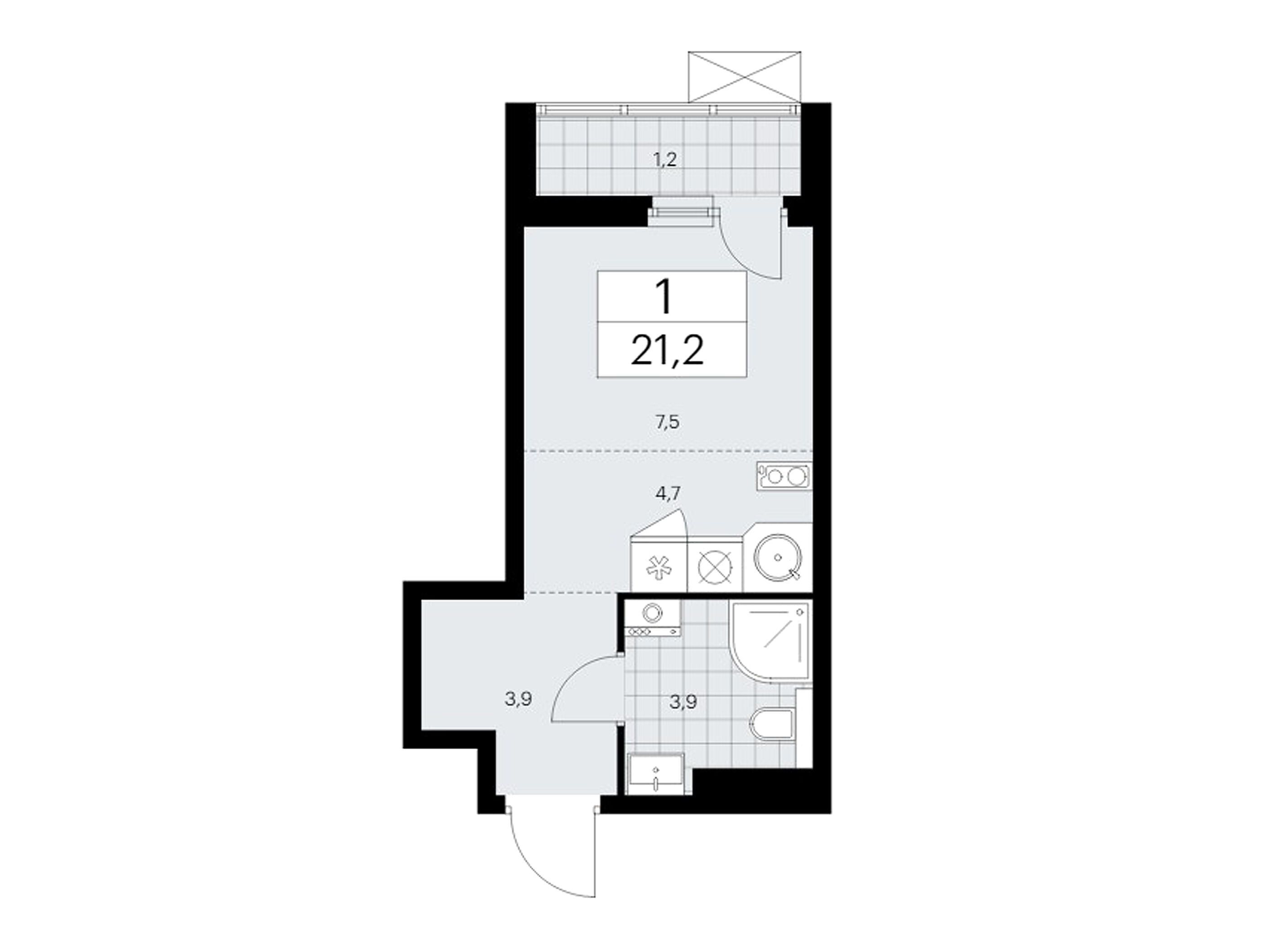 Планировка: Студия 21.40 м² в новостройке Бунинские кварталы