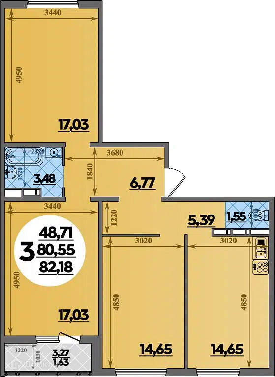 Планировка: 3-комн. квартира 82.18 м² в новостройке Квартал №6