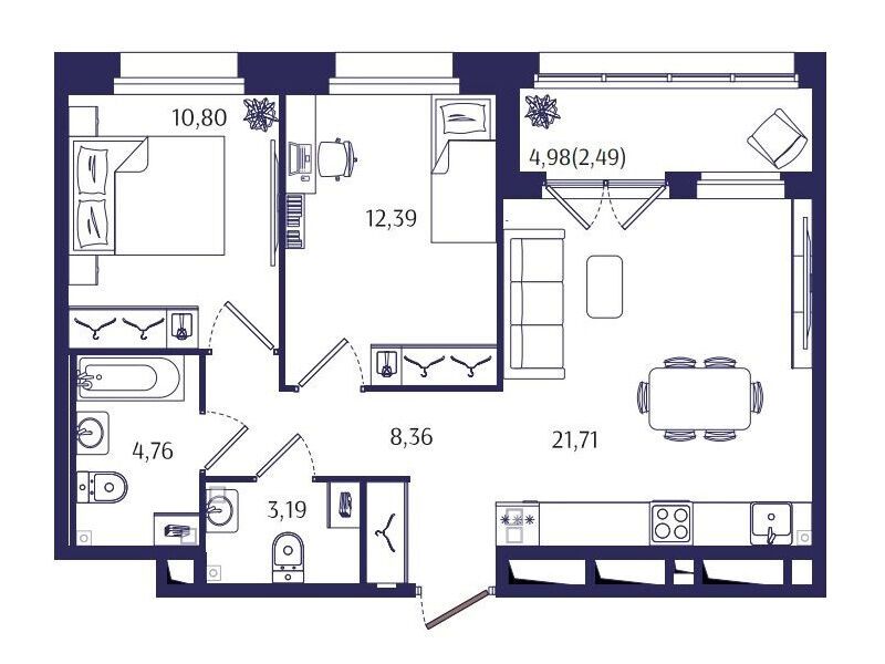 Планировка: 2-комн. квартира 63.70 м² в новостройке Ранта Резиденс