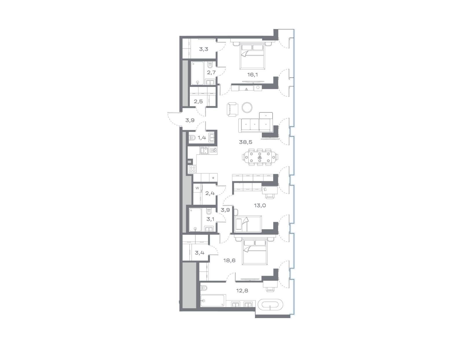 Планировка: 3-комн. квартира 127.37 м² в новостройке Дом Горизонтов