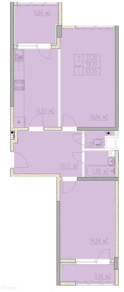 Планировка: 2-комн. квартира 63.55 м² в новостройке Агой-парк