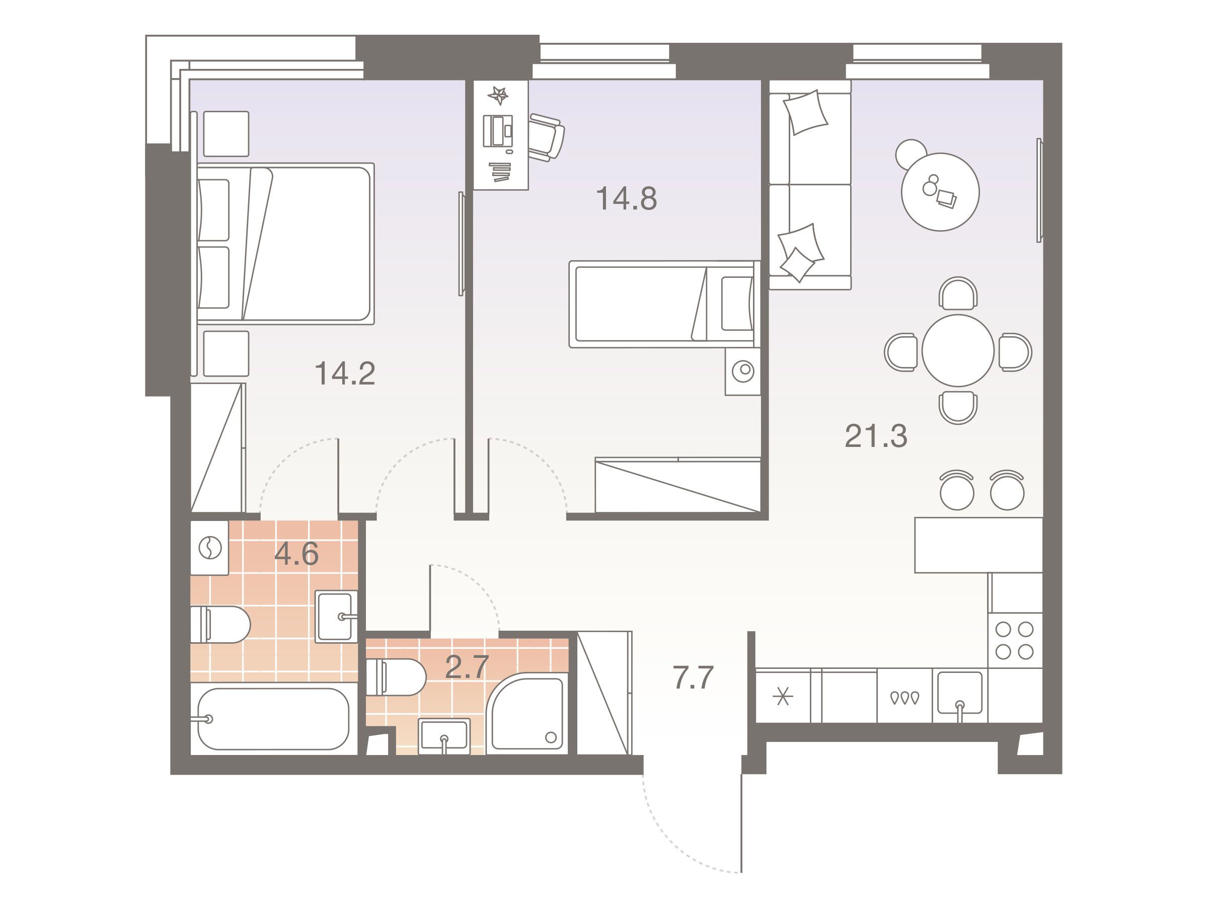 Планировка: 3-комн. квартира 65.30 м² в новостройке Твелв