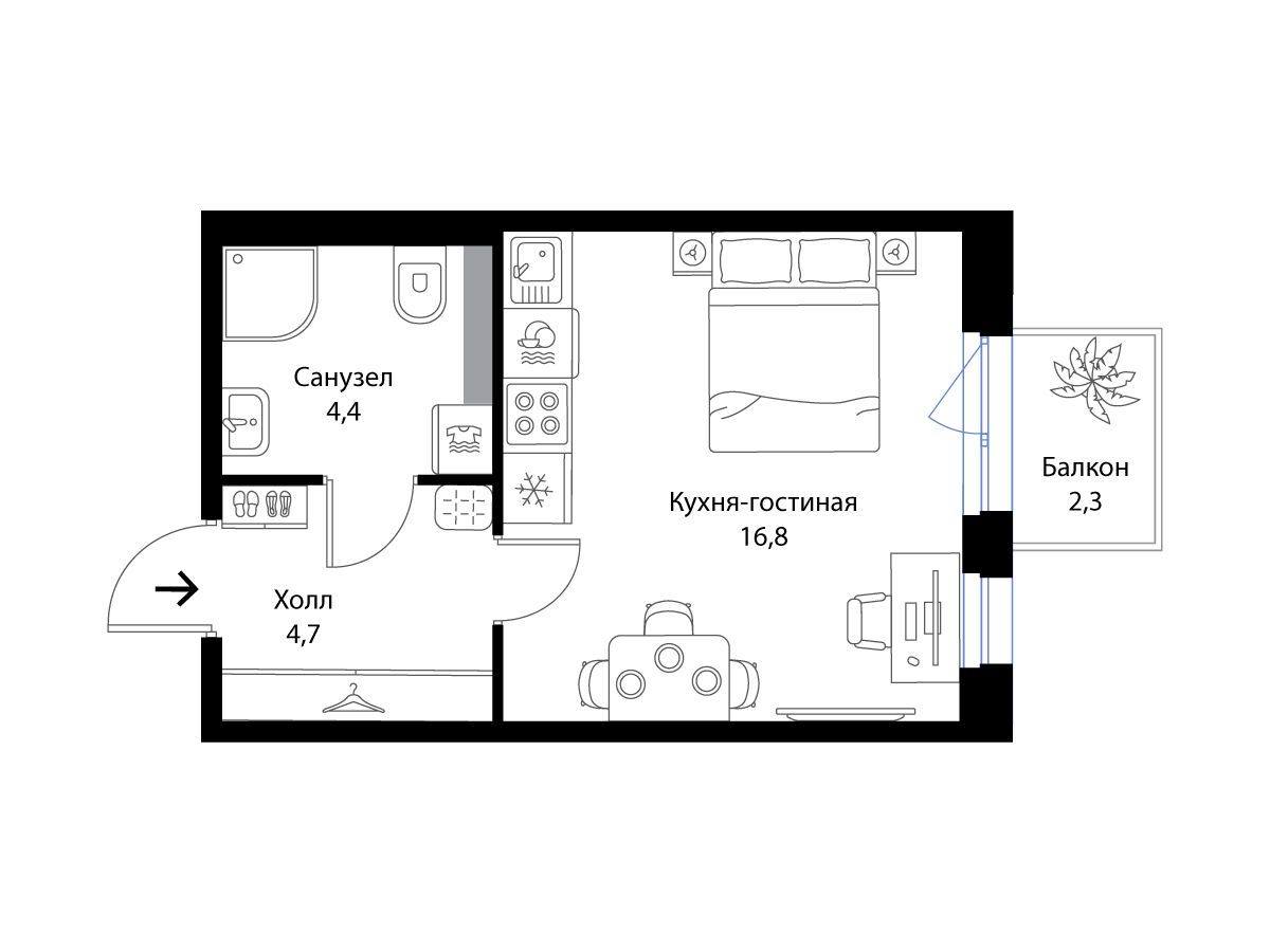 Планировка: Студия 26.60 м² в новостройке Экография