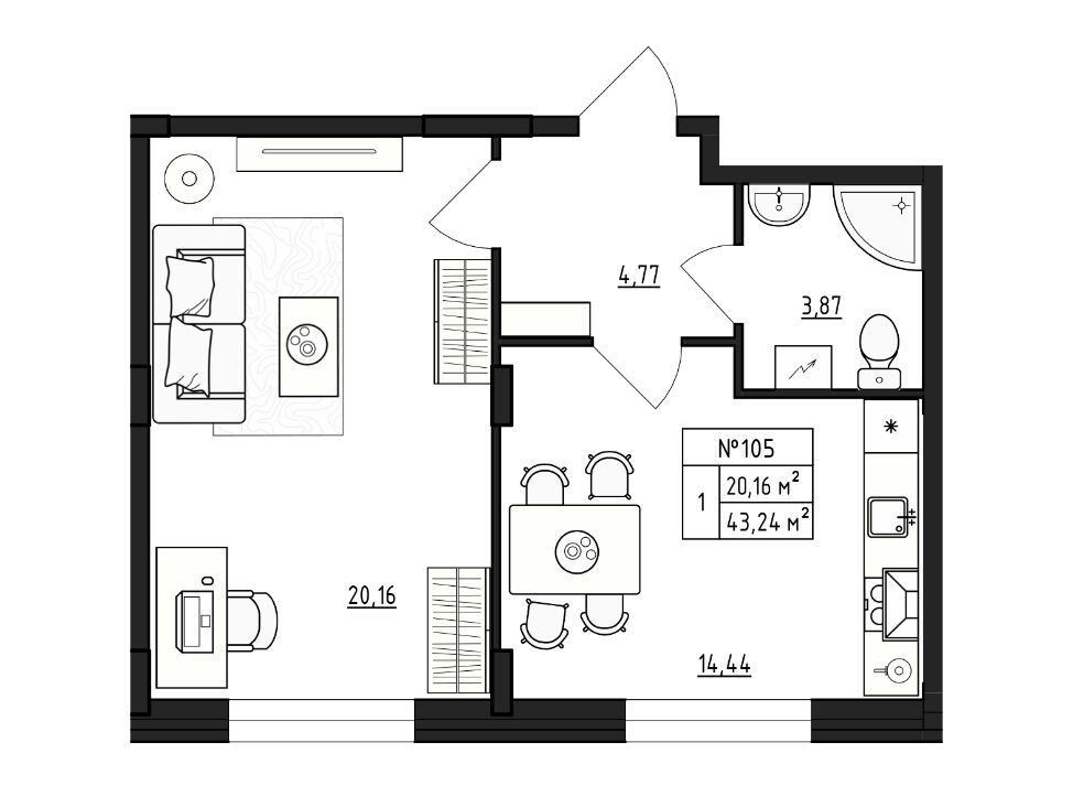 Планировка: 1-комн. квартира 43.24 м² в новостройке ЖК Верево-Сити