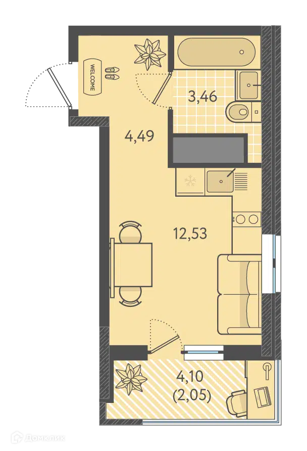 Планировка: Студия 23.15 м² в новостройке Теплые Края 1 очередь