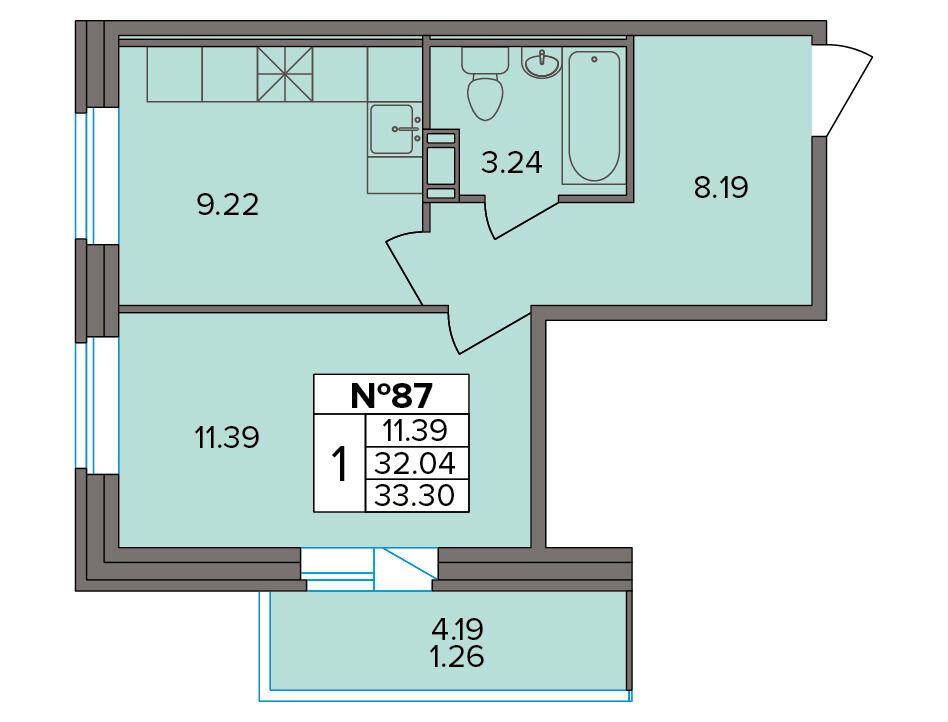 Планировка: 1-комн. квартира 33.30 м² в новостройке Капральский