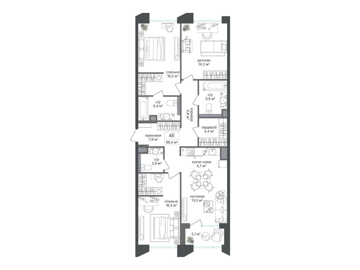 Планировка: 3-комн. квартира 99.40 м² в новостройке Петровский парк II