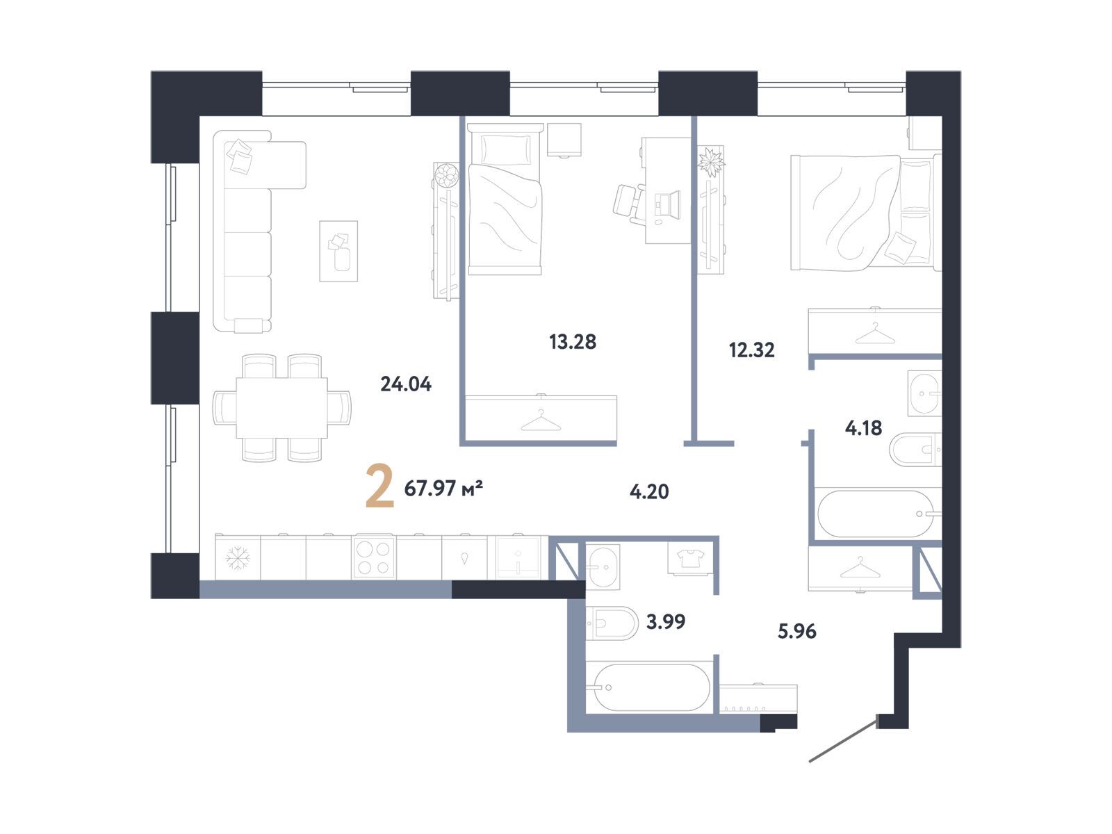 Планировка: 2-комн. квартира 67.97 м² в новостройке Репаблик