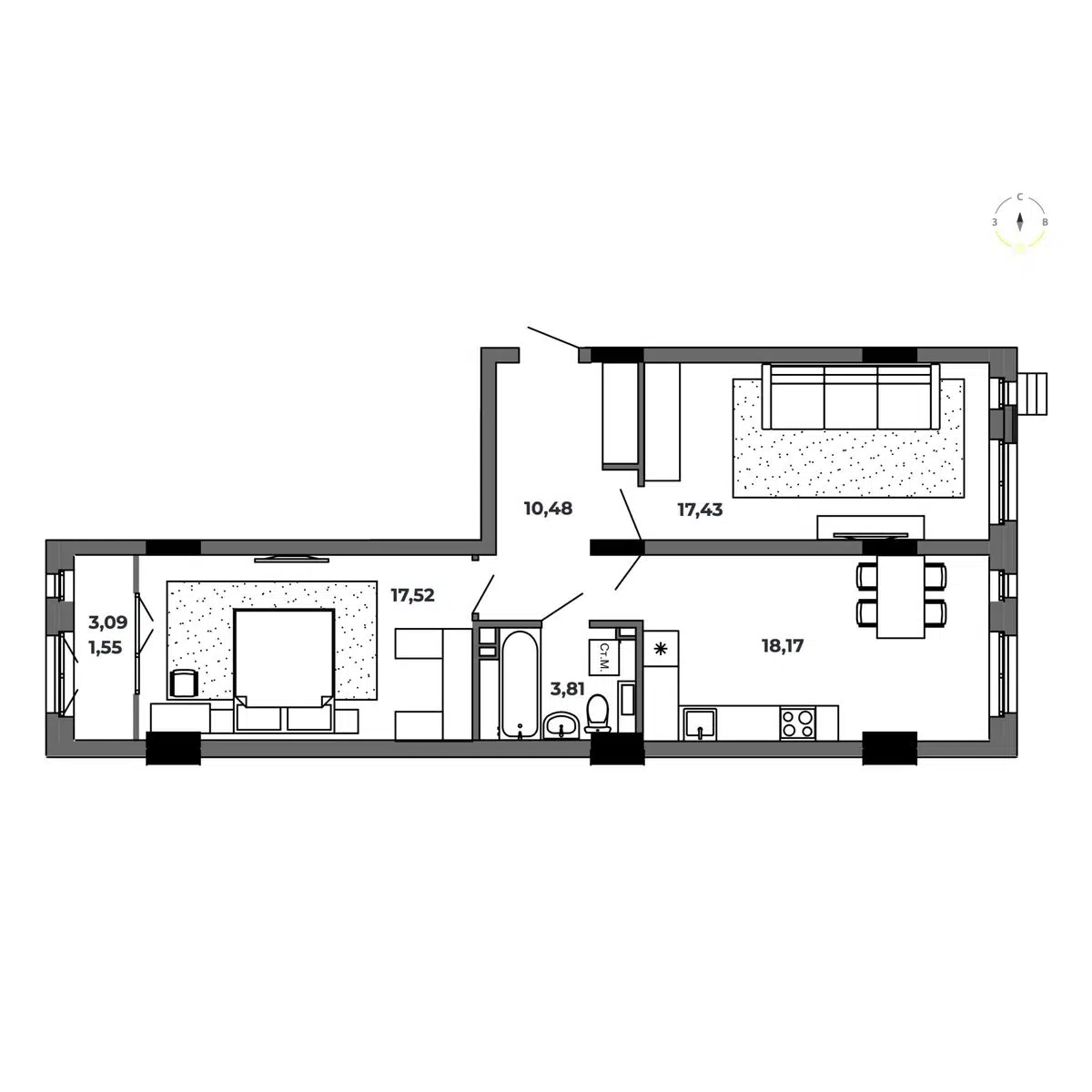 Планировка: 2-комн. квартира 69.07 м² в новостройке Красный Пахарь