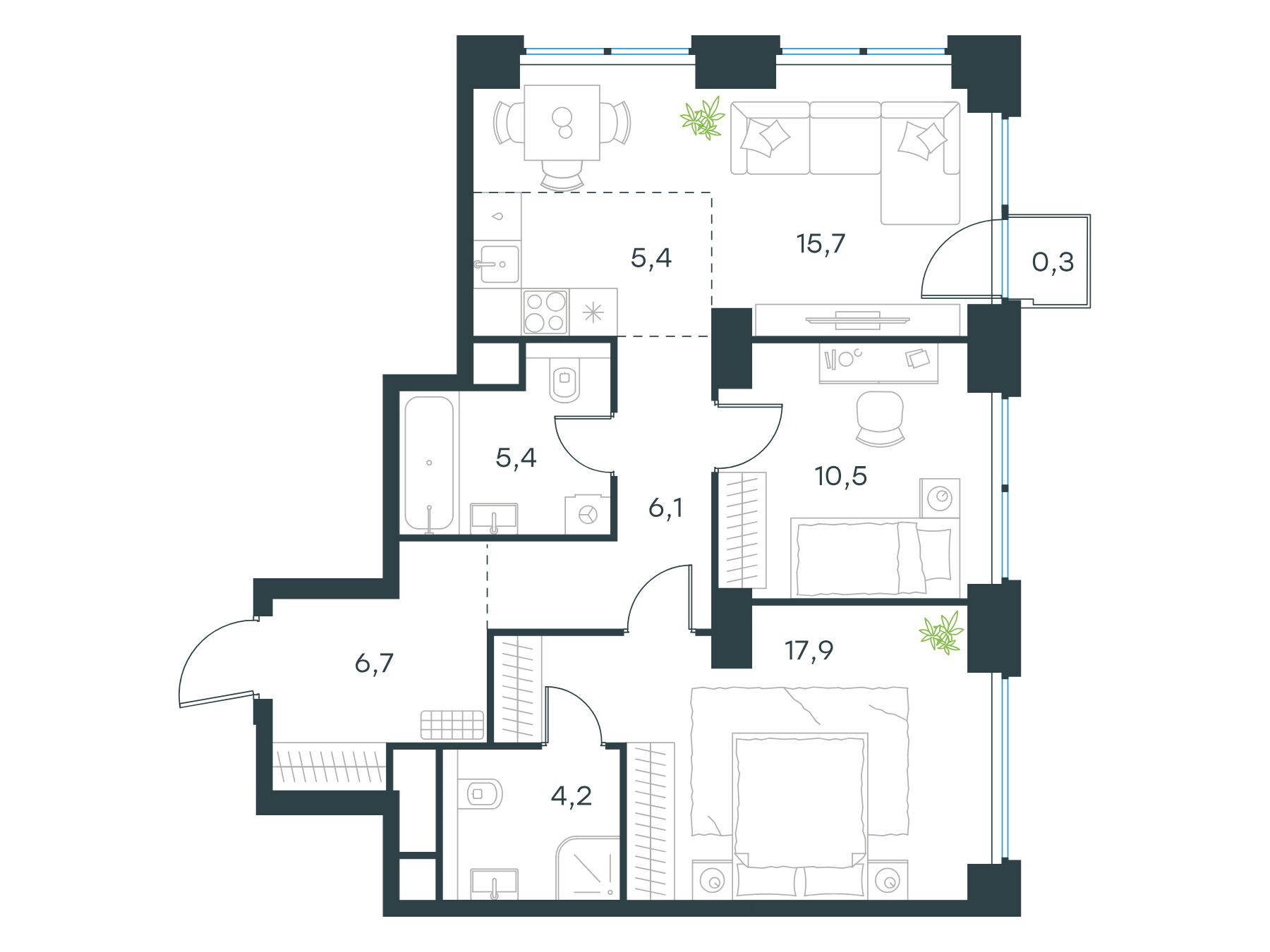 Планировка: 3-комн. квартира 72.20 м² в новостройке Левел Звенигородская