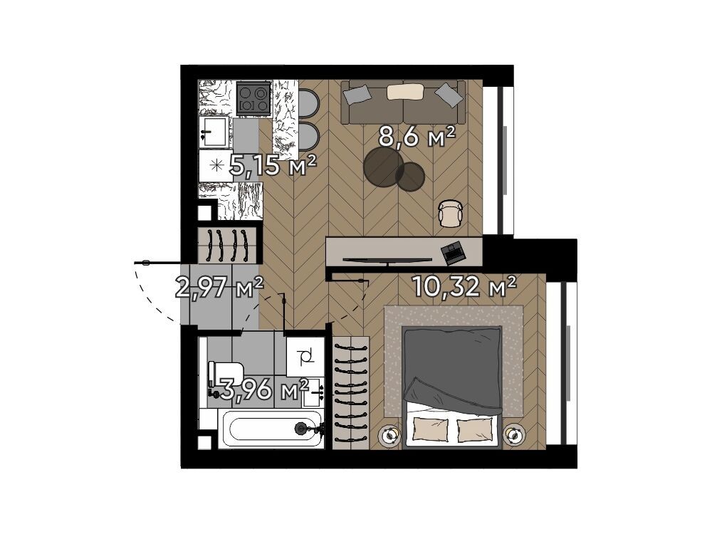 Планировка: 1-комн. квартира 31.00 м² в новостройке Серебряный бор
