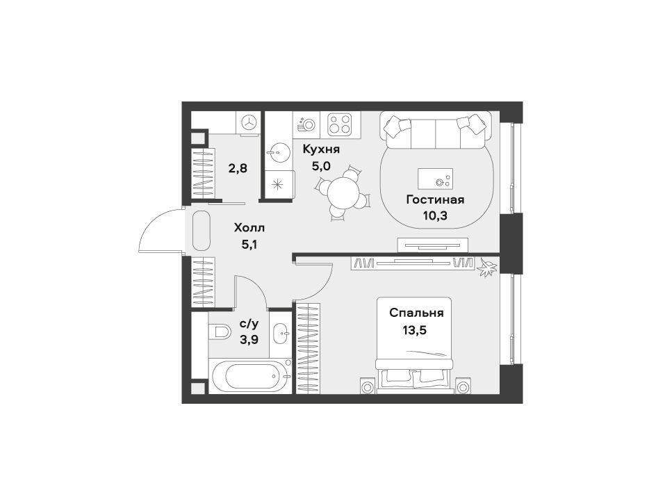 Планировка: 1-комн. квартира 40.60 м² в новостройке Алиа