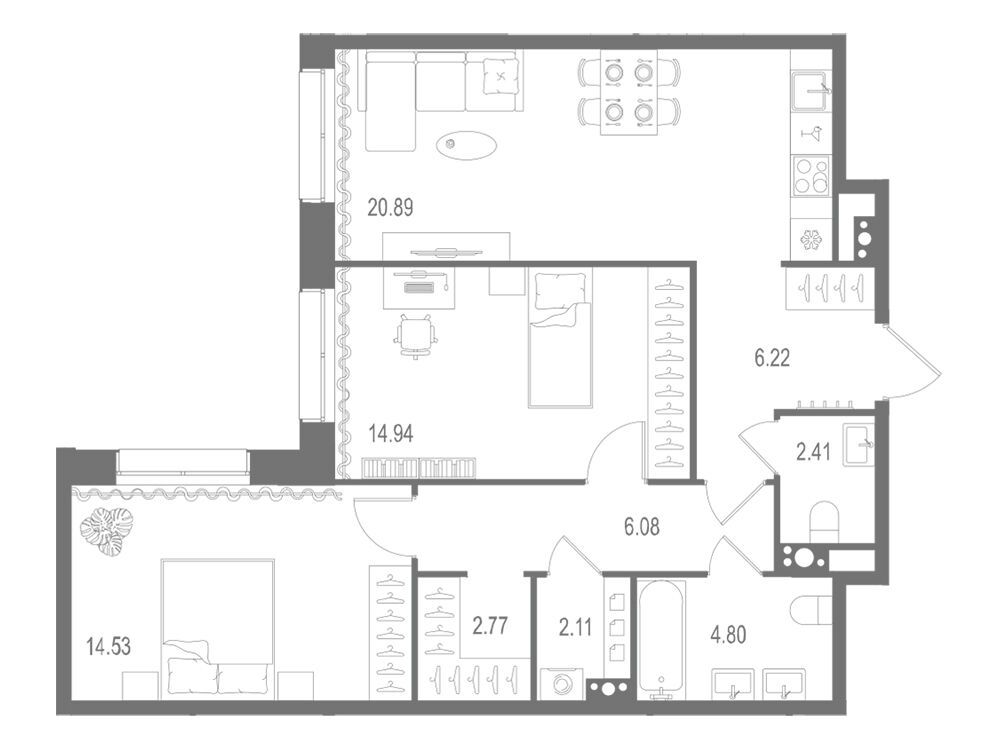 Планировка: 2-комн. квартира 74.75 м² в новостройке Остров первых