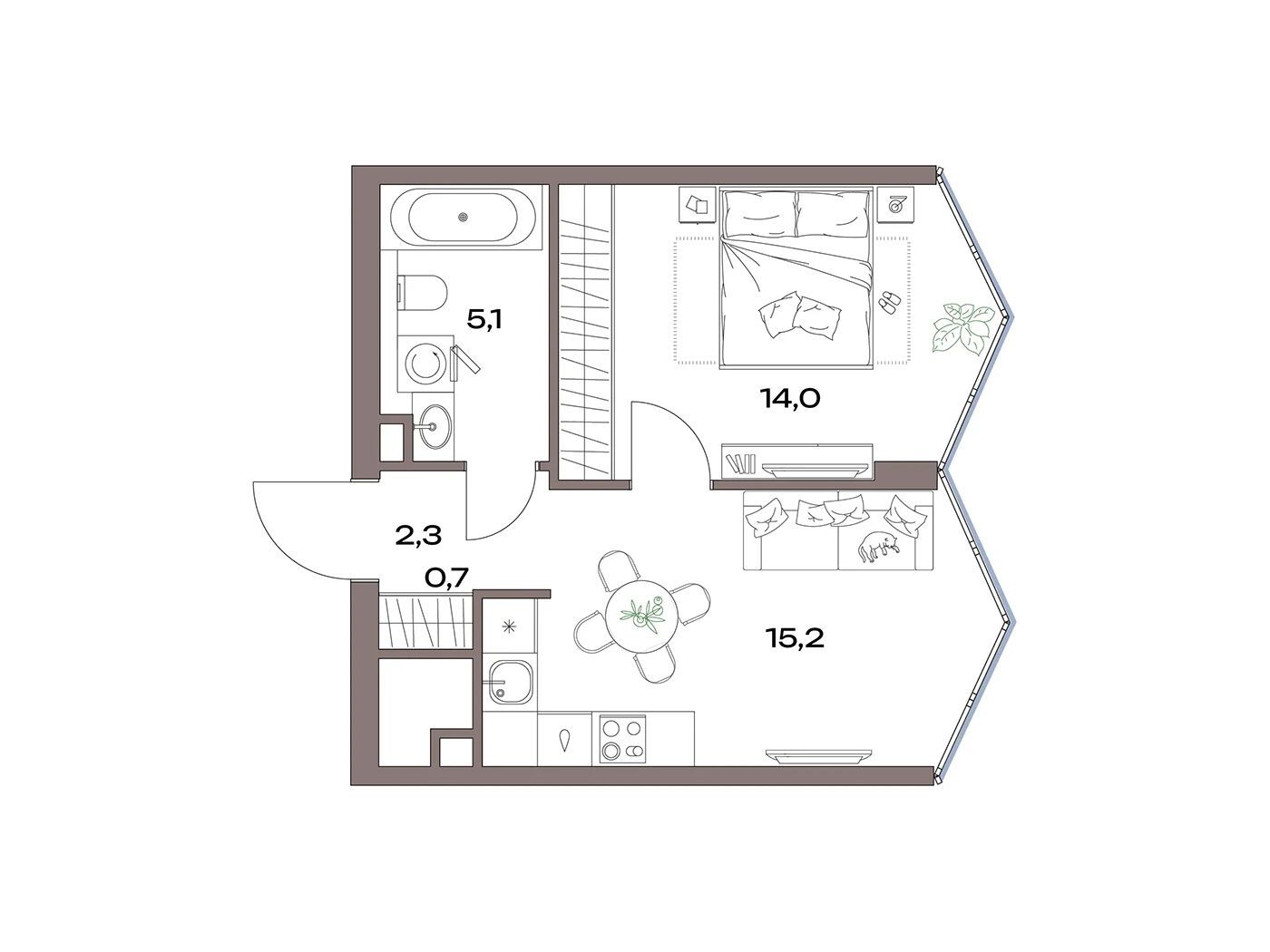 Планировка: 1-комн. квартира 37.40 м² в новостройке Акценты